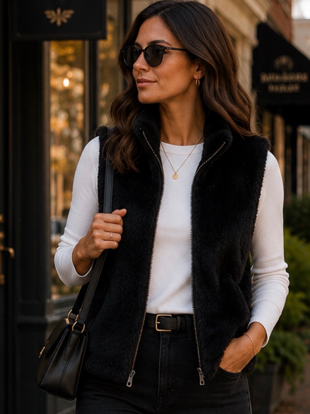 Talbots Faux Fur Vest Black Full Zip Women Sz L Banded Waist Plush Teddy Jacket
